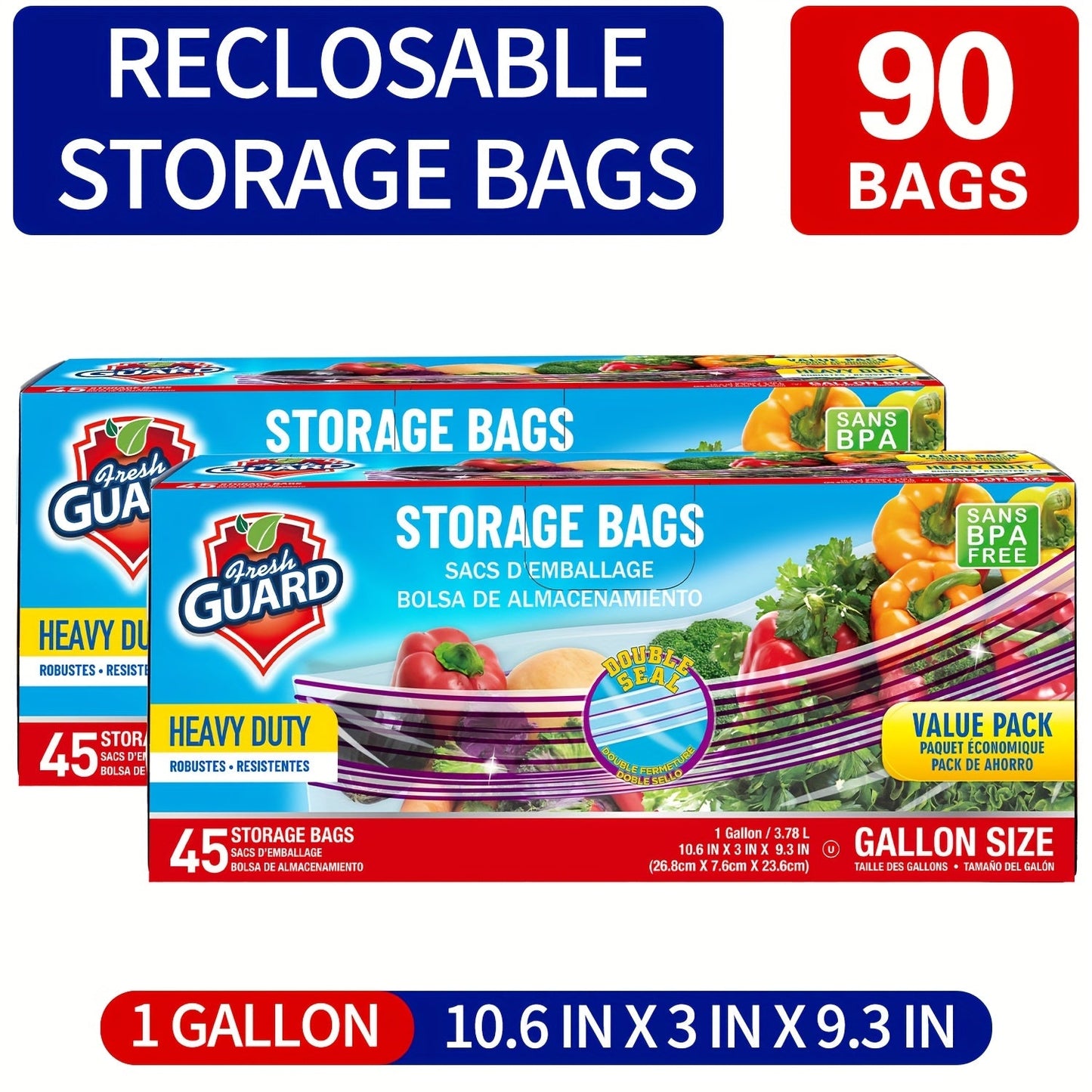 Reclosable Kitchen Storage Bags in Quarter-, One- or Two-Gallon Sizes with Five Count and Pack Options