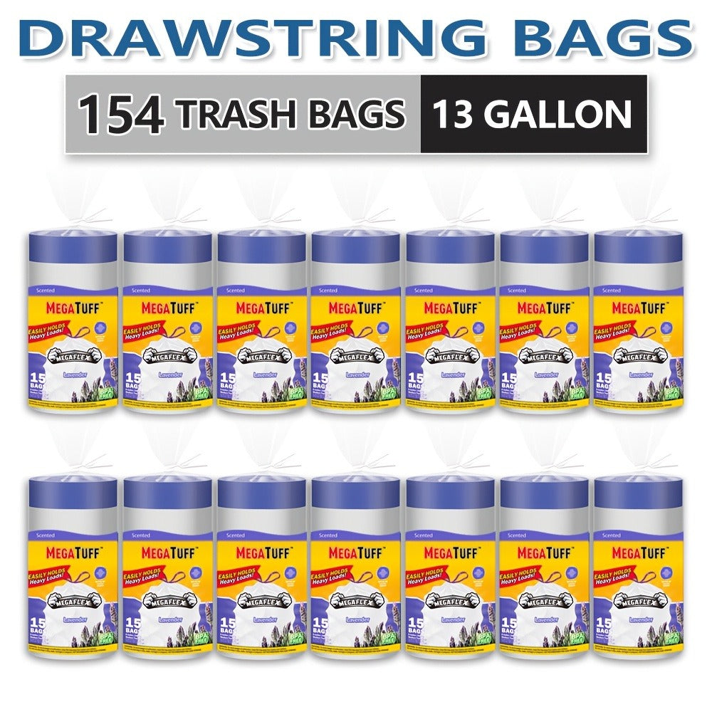 Drawstring Trash Bags with Odor Eliminator Technology – Lemon Mint Scent, Puncture & Tear Resistant, 30 Gal (90 Bags) or 13 Gal (154 Bags) Kitchen Garbage Bags