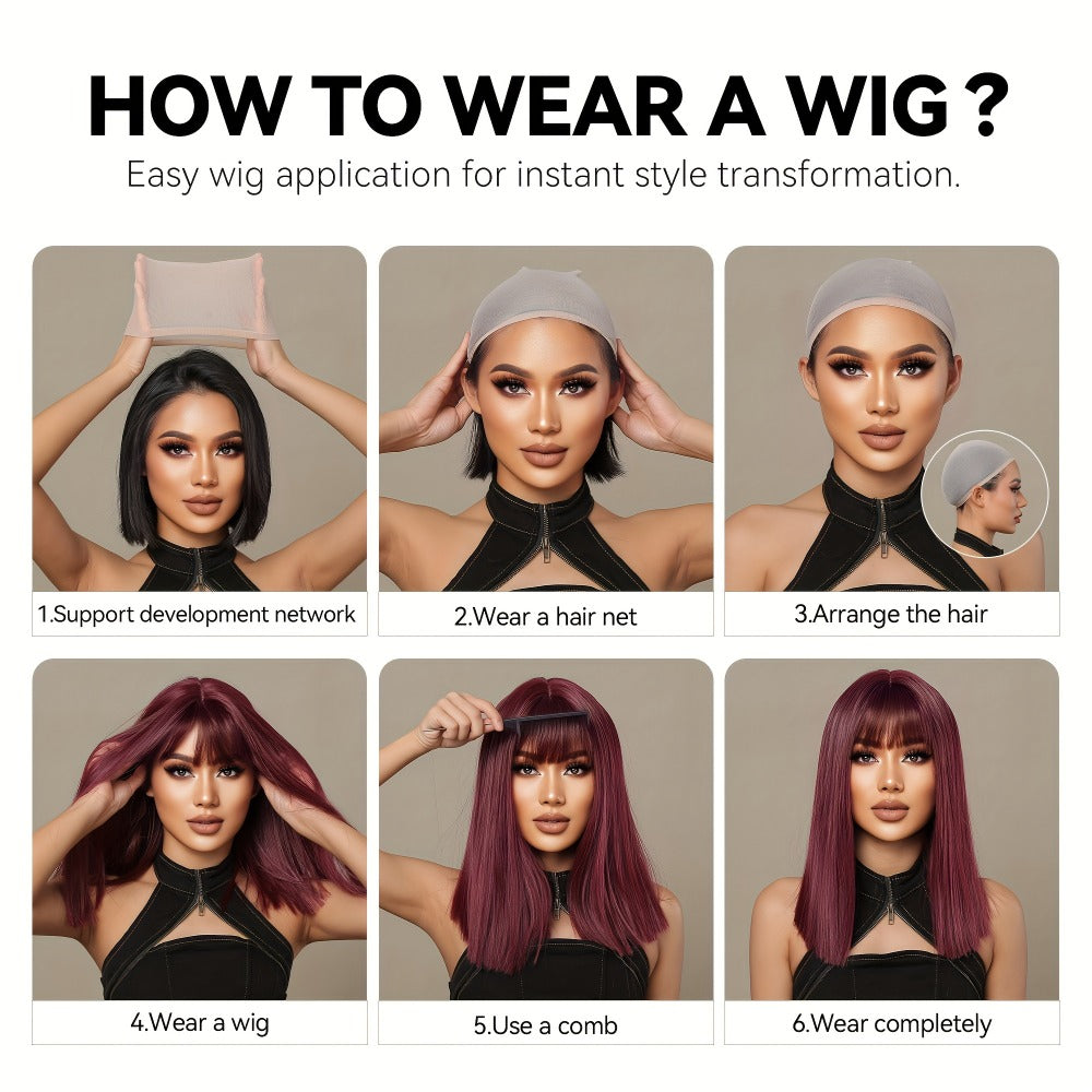 Synthetic Wig 14-Inch Layered Brown Highlight Ombre with Bangs and Heat-Resistant Rose Net Cap
