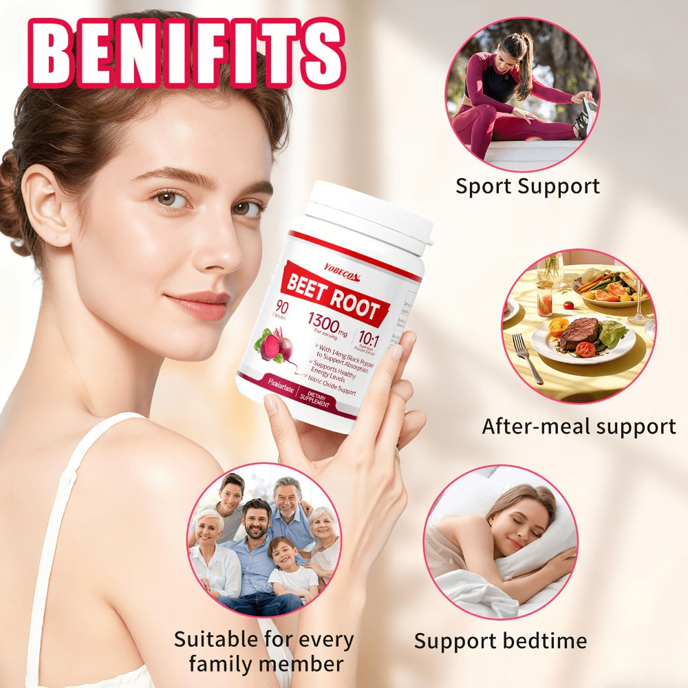 Dietary Supplement Capsules with YOBECO Label, Beet Root Extract 1300mg, Black Pepper and 90 Count
