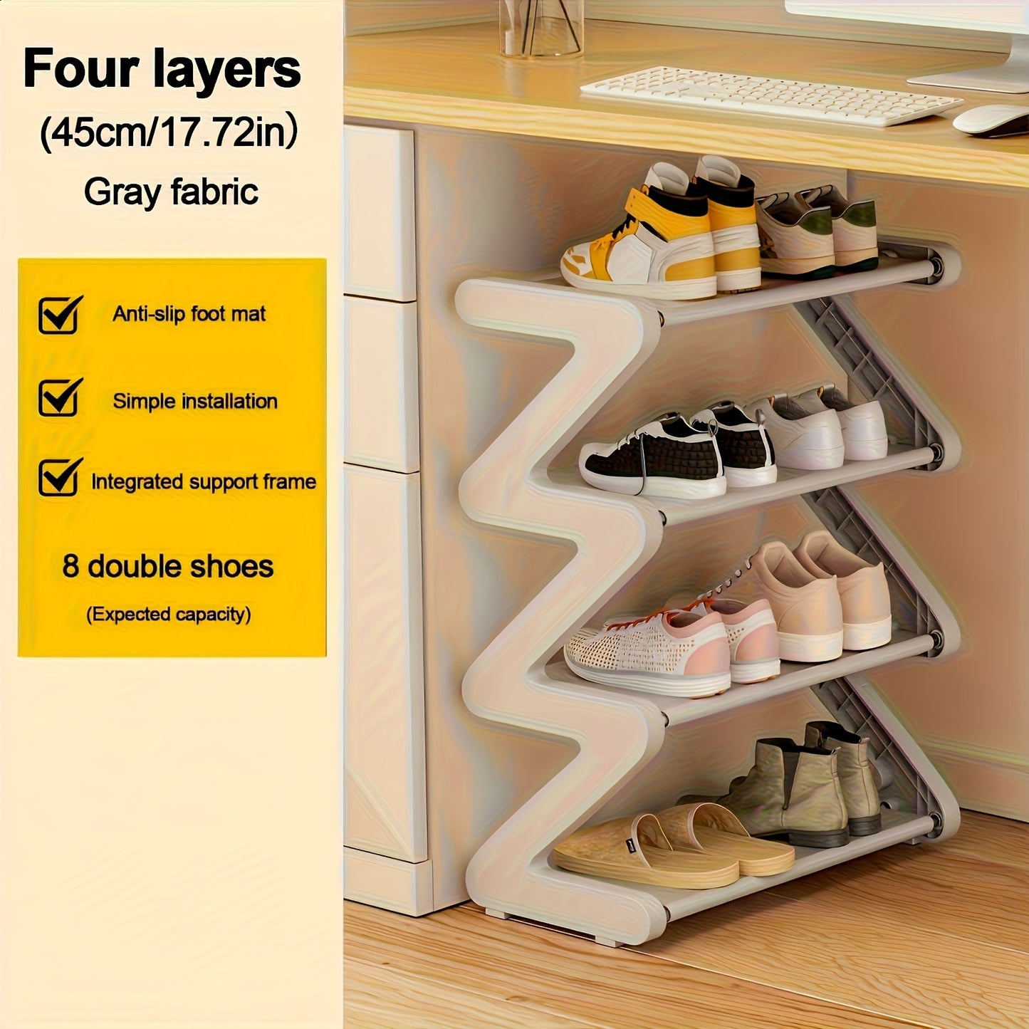 Four-Tier Z-Frame Shoe Rack with Metal Tubes in Graphite Black, Dawn Pink, Gray or Breeze Blue