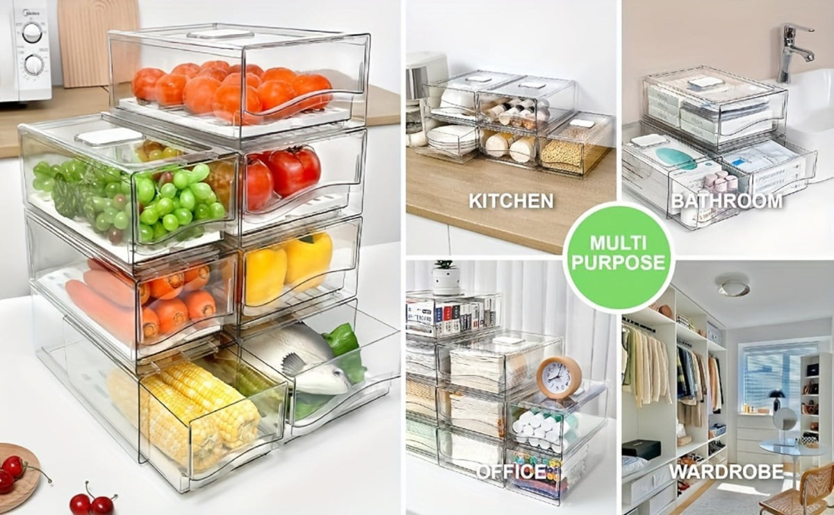 Stackable Fridge Organizer Bins with Drawer, Refrigerator Storage Containers with Drain Board & Ventilation
