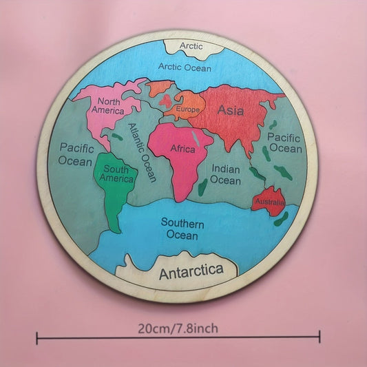 Wooden World Map Puzzle for Kids – Seven Continents Geography Learning Toy, Colorful STEM Educational Puzzle, Montessori Gift for Boys & Girls Ages 3+, 7.8"x7.8"
