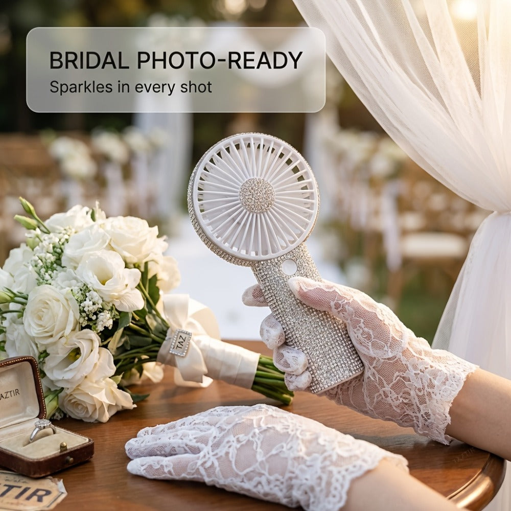 Elegant Silvery Rhinestone Mini Handheld Fan with Type-C Charging, Round Grille and Decorated Handle