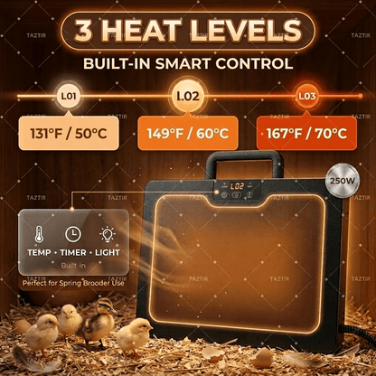 Brooder Heater 250W Heating Panel for Chicks, Ducklings & Quail | 3 Heat Levels, 4-Timer Settings, Digital Display, Dual Thermostat – Smart Heat Lamp Alternative for Coop & Brooder