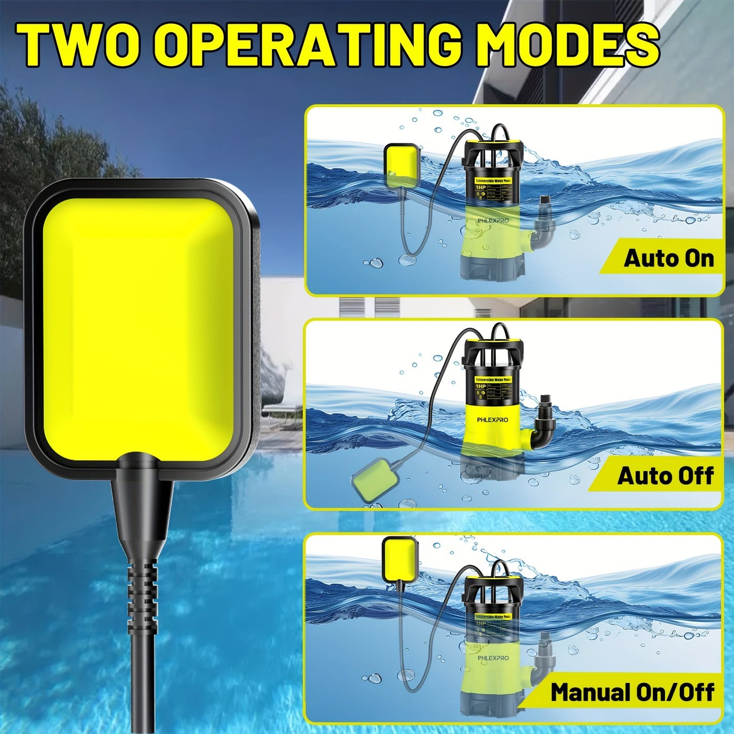 Submersible Sump Pump 1HP 5300GPH 750W with Float Switch 26ft Cord for Pool Pond Basement Garden
