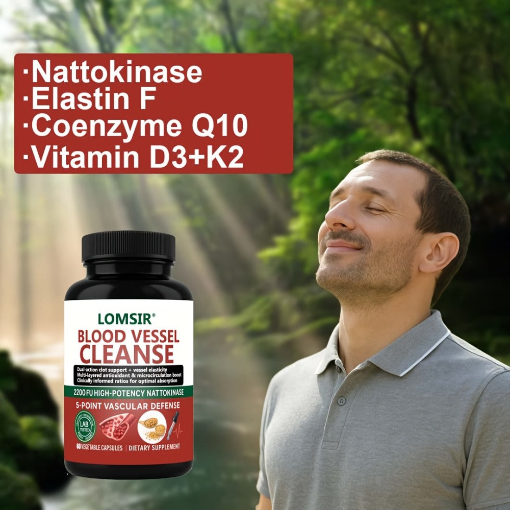 Blood Circulation Supplement Nattokinase with Gamma Oryzanol – Natural Enzyme Formula for Blood Vessel Cleanse, Circulatory System & Heart Health Support – Cardiovascular Wellness Daily Capsules – 60 Count