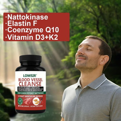Blood Circulation Supplement Nattokinase with Gamma Oryzanol – Natural Enzyme Formula for Blood Vessel Cleanse, Circulatory System & Heart Health Support – Cardiovascular Wellness Daily Capsules – 60 Count