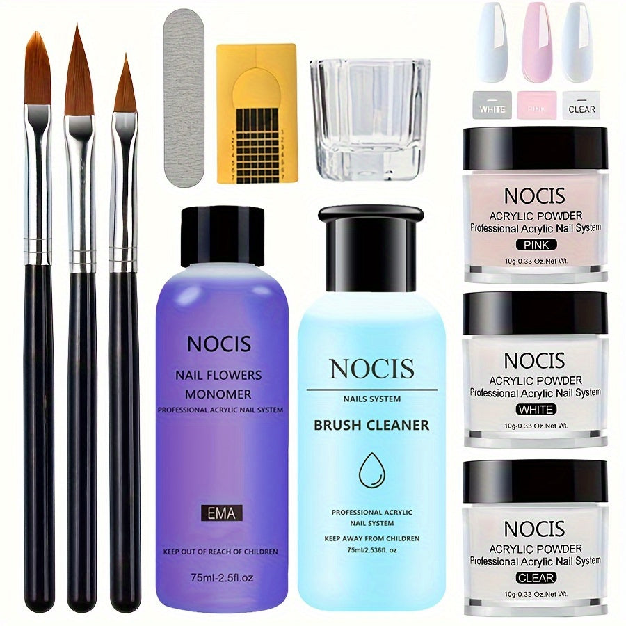 Acrylic Nail Kit NOCIS Three-Color Powder Set with Liquid Monomer, Brush Cleaner, Four Brushes and Mixing Cup