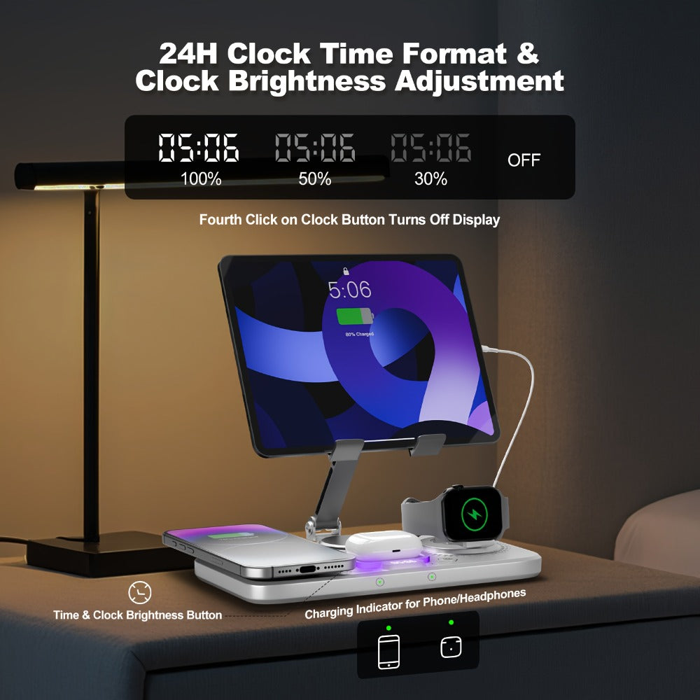 Wireless Charging Station, WLP Power 6-in-1 15W Dock with Clock, Atmosphere Light and Four-Device Layout