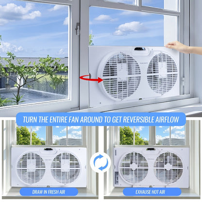 Window Fan 9 Inch Twin Expandable Dual Fan, 3-Speed with Remote Control or Manual Control for Home Cooking, Dining and Outdoor Meals