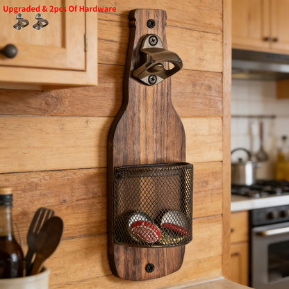 Wall-Mounted Bottle Opener with Rustic Wood-Look Backboard, Metal Cap Catcher Basket and Two-Piece Hardware Set