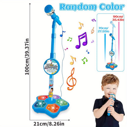 Kids Karaoke Microphone with Stand & Amplifier – Singing Toy for Girls Boys Age 3+, Random Print Design, Birthday Gift, Blue / Black / Pink