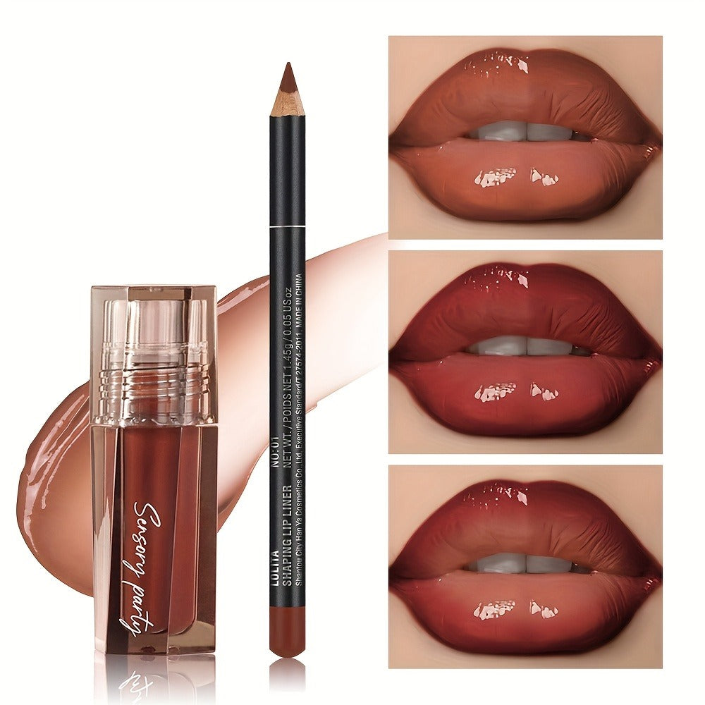 Lip Gloss Lip Liner Set Hydrating Water-Gloss Dewy Finish - 3D Precision Contour Matte Liner, for Makeup, Travel and Everyday Vanity Use