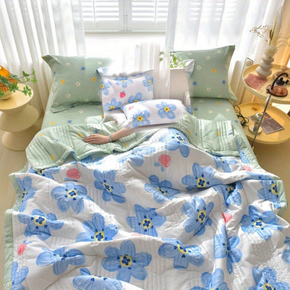 Floral Three-Piece Thin Quilt Set with Two Pillowcases, Twin to King Sizes and Three Printed Styles