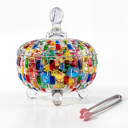 Crystal Glass Candy Dish with Lid & Tongs – Hand-Painted Colorful Candy Box, Jewelry Storage Jar, Christmas Gift for Family & Friends | Elegant Candy Server