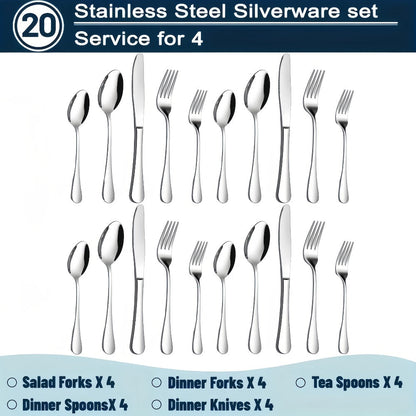 Stainless Steel Silverware Set 20 or 60 Piece – Heavy Duty Commercial Grade, Dishwasher Safe, Rust-Proof & Non-Toxic Bulk Kitchen Tableware with Gift Box for Restaurant, Wedding & Home