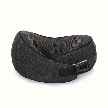Black Memory Foam Travel Neck Pillow with Front Buckle, 23 × 15 × 28 cm Label, Removable Cover and Carry Bag