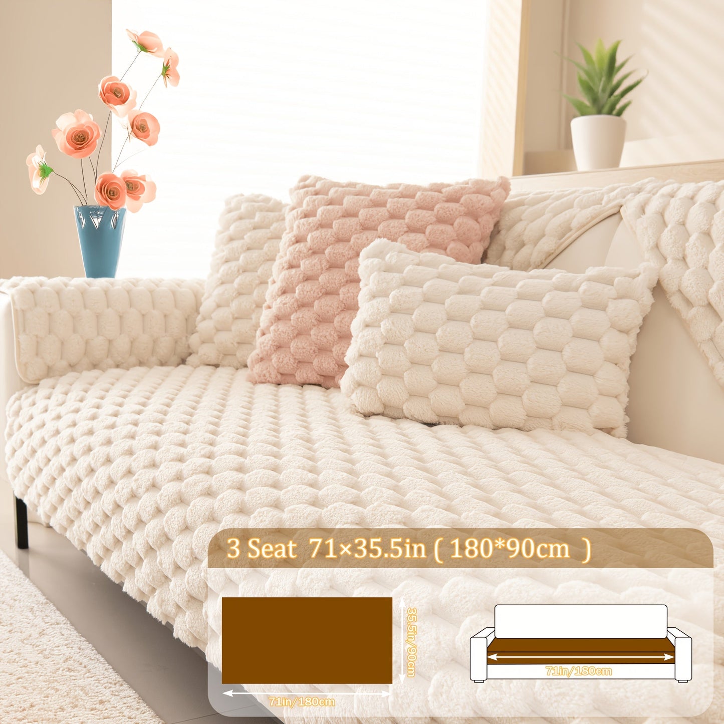 Sofa Cover 35.5-Inch Fuzzy Polyester Single-Piece Pad with Silicone Non-Slip Backing for 2 to 4 Seats
