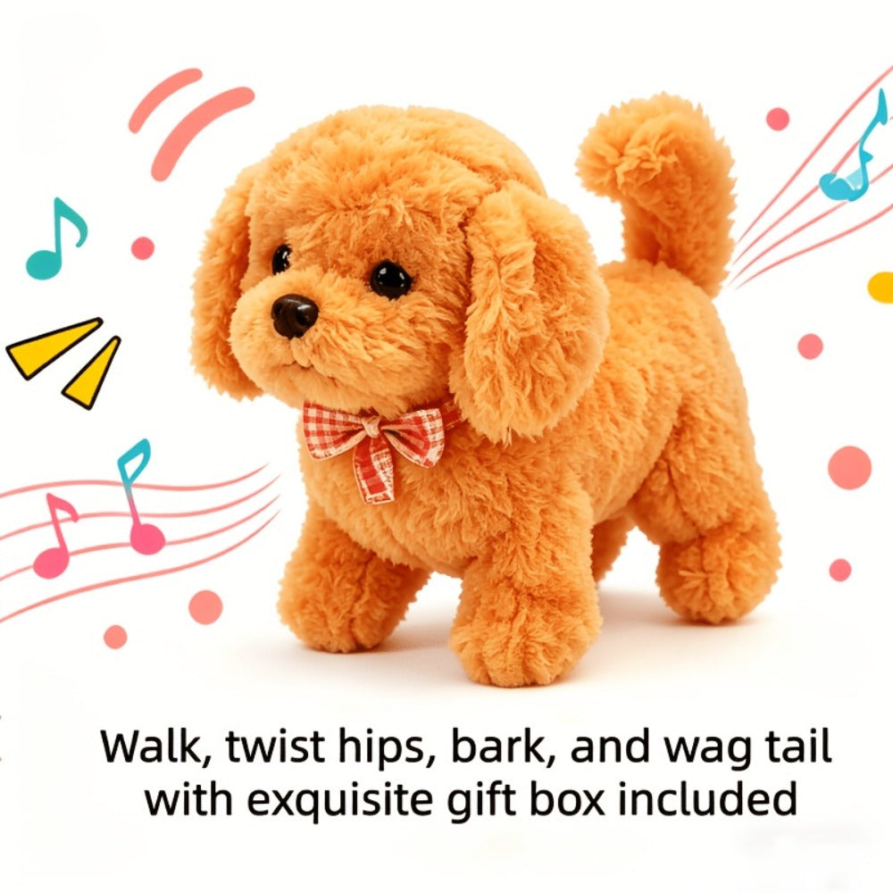 Electronic Plush Puppy Toy in Teddy Brown with Walking, Barking, Hip-Twist and Tail-Wagging Movements