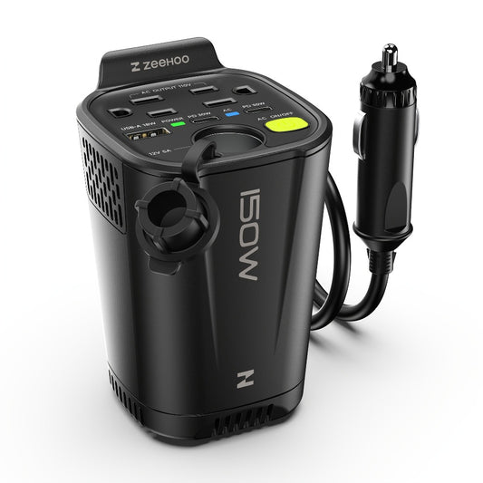 150W Car Power Inverter 12V DC to 110V AC – 2 AC Outlets, Dual 30W PD USB-C & 18W USB-A, Portable Vehicle Outlet Converter for Laptop, Camping & Road Trips