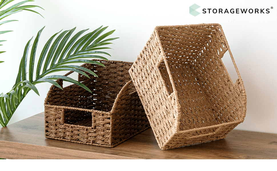 Wicker Storage Baskets 2-Pack - Water Hyacinth & Seagrass Pantry Organizer Bins for Shelves, Kitchen, Bathroom, Bedroom, Boho Home Decor