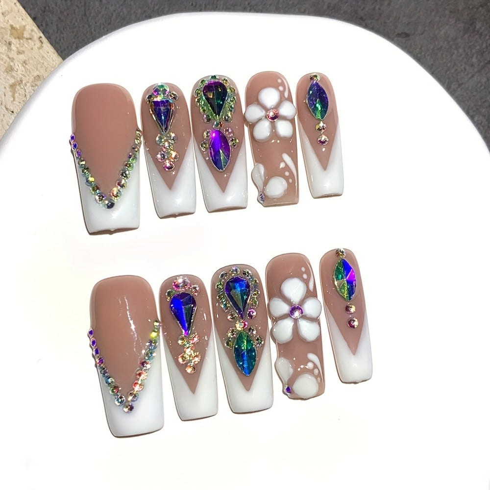 Press On Nails 10-Piece Square French-Tip Set with Nude White Gloss, AB Rhinestones and Floral Design