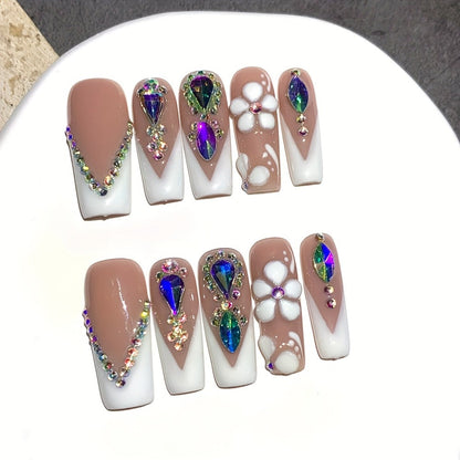 Press On Nails 10-Piece Square French-Tip Set with Nude White Gloss, AB Rhinestones and Floral Design
