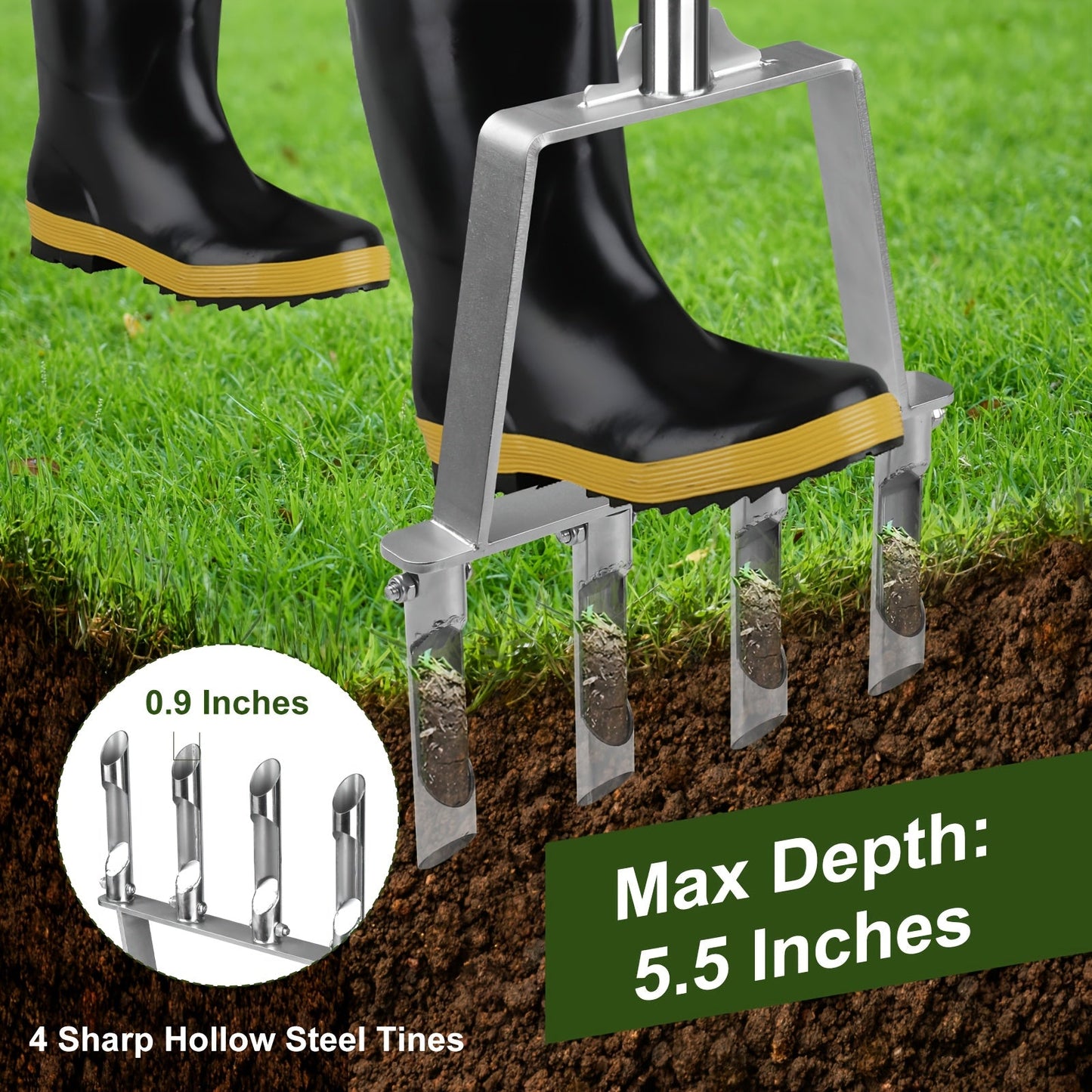 Lawn Core Aerator Tool with 4 Hollow Tines - Heavy Duty Manual Plug Aerator for Yard Soil Loosening, Thatch Removal, Grass Maintenance & Deep Core Aeration for Residential and Commercial Lawns