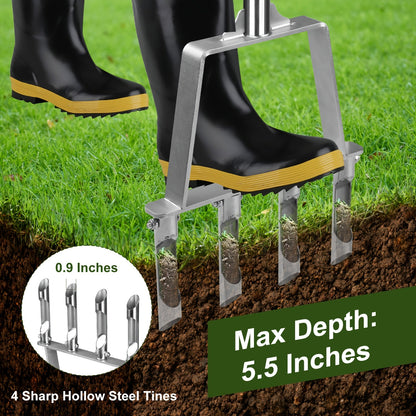 Lawn Core Aerator Tool with 4 Hollow Tines - Heavy Duty Manual Plug Aerator for Yard Soil Loosening, Thatch Removal, Grass Maintenance & Deep Core Aeration for Residential and Commercial Lawns