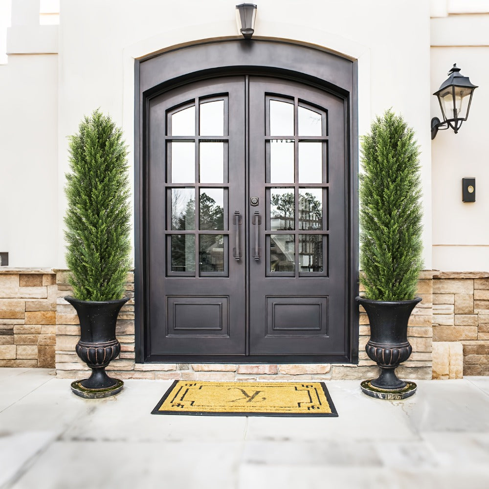 Two-Pack Artificial Cedar Topiary Trees with 4, 5 or 6 ft Height Options and Optional 16-Inch Black Planters