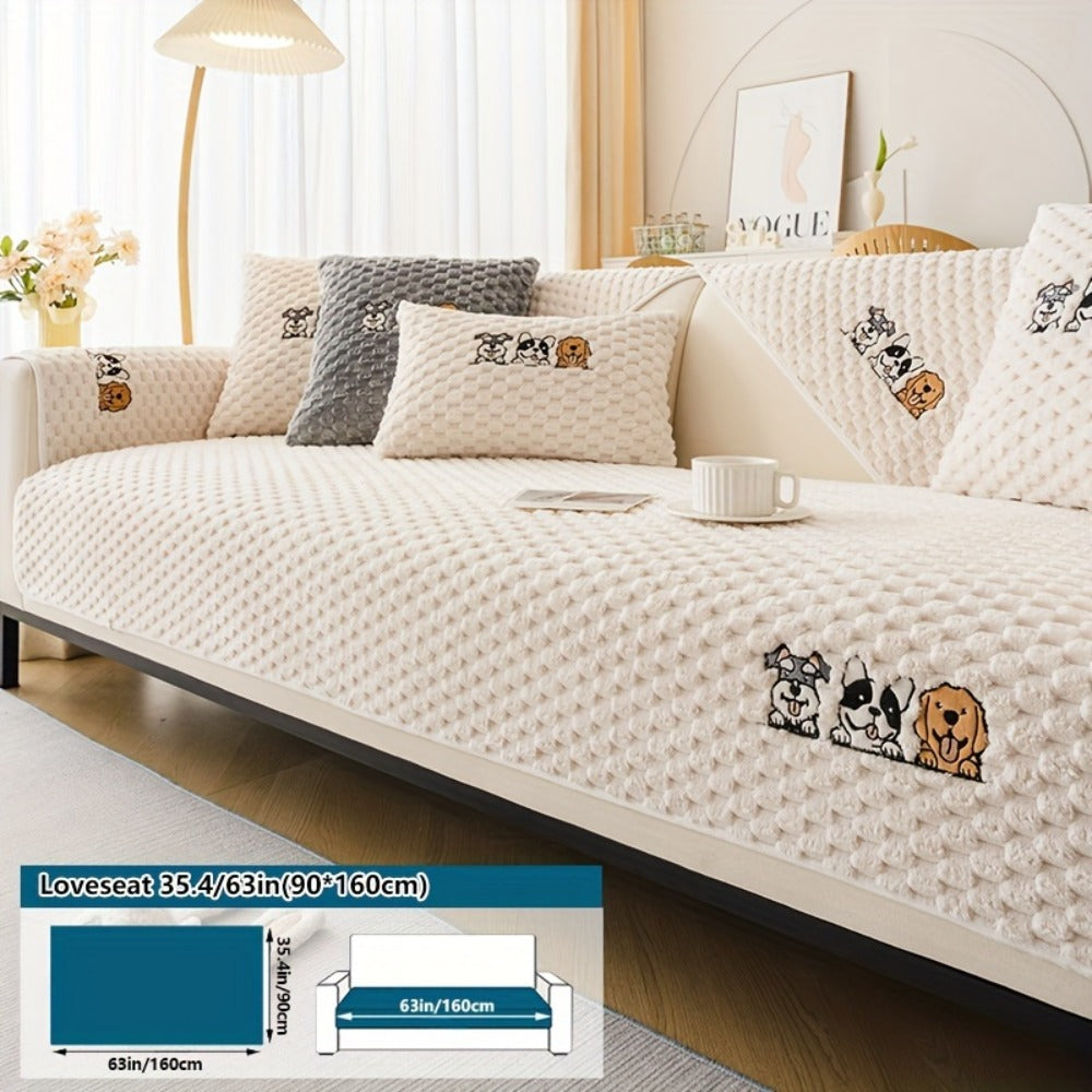 Sofa Cover, Honeycomb Velvet Animal-Embroidered Couch Pad with Non-Slip Backing in Three Colors