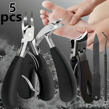 Angled-Jaw Nail Clipper Set, Five-Piece Black-Handle Kit with 25-Degree Tool, Lifter and File