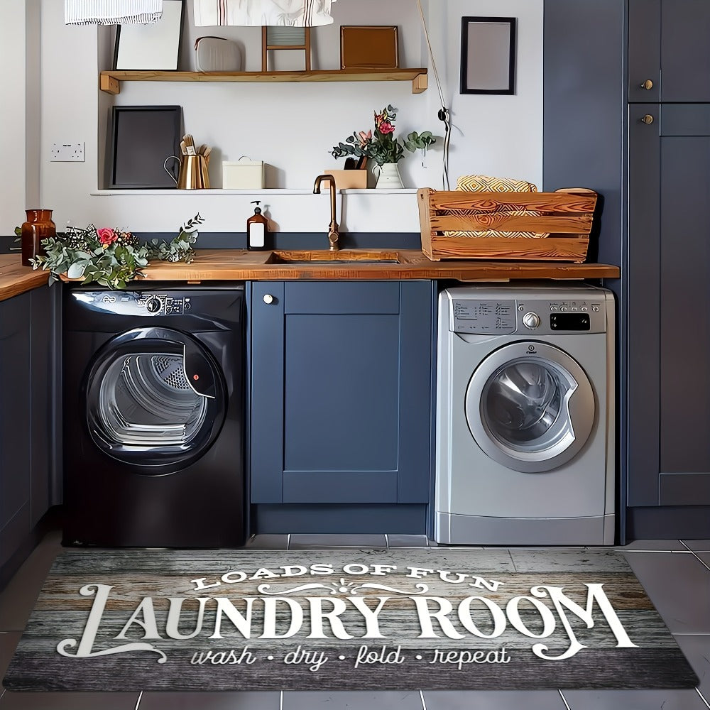Rustic Laundry Room Runner Mat with Wood-Grain Print and Rubber Backing in Two Long Size Options