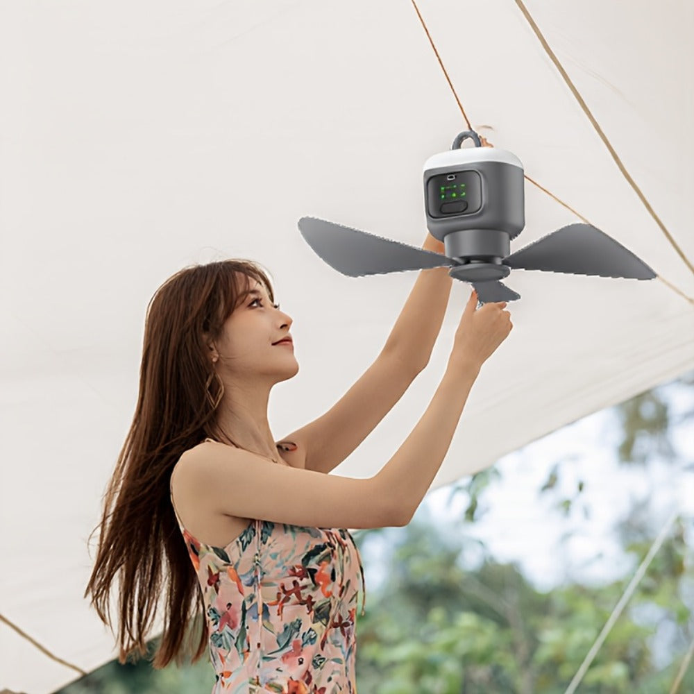 Hanging Camping Fan with 12000mAh Battery, Three Blades, Remote Control, LED Light and Timer Settings