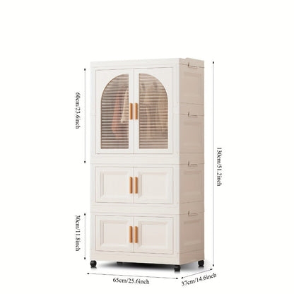Portable Folding Wardrobe Cabinet with Caster Wheels, Hanging Section and Two Exact Layer Options