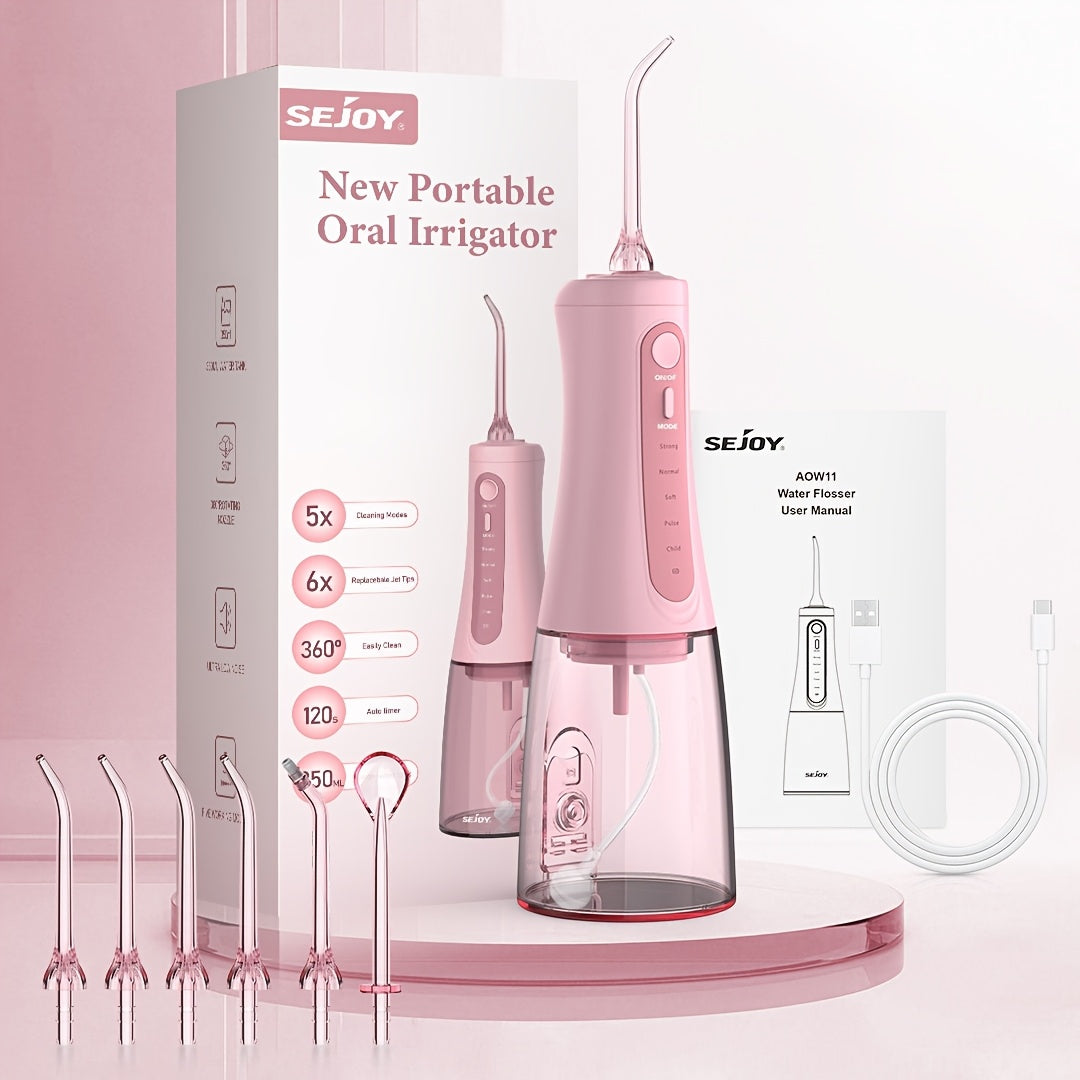 Cordless Water Flosser Oral Irrigator 5 Modes — 6 Interchangeable Tips, IPX7 Waterproof, 350ml Tank, Rechargeable, Ideal for Braces, Bridges & Implants, Home & Travel Teeth Cleaning