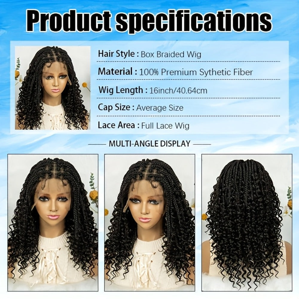 Goddess Braided Wig Knotless Bohemian Square Braid Full Lace Curly Wave 14-16 Inch Black Burgundy Brown Natural Hairline Protective Style Synthetic Wig for Women