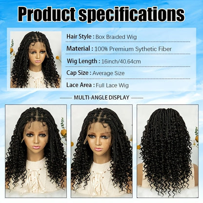 Goddess Braided Wig Knotless Bohemian Square Braid Full Lace Curly Wave 14-16 Inch Black Burgundy Brown Natural Hairline Protective Style Synthetic Wig for Women