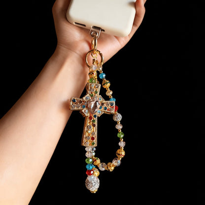 Colorful Crystal Cross Phone Chain Keychain with Rhinestone Beads and Gold-Tone Clasp for Bags or Phones