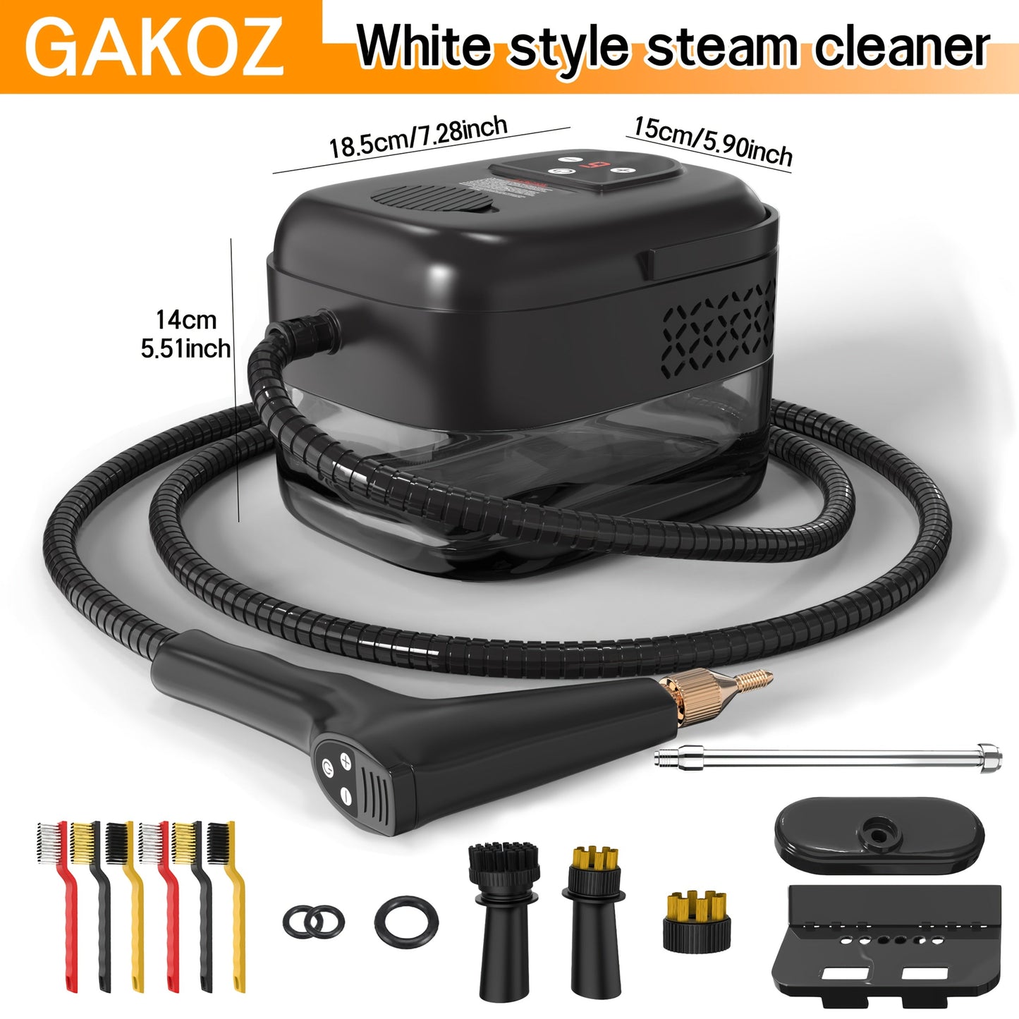 Steam Cleaner by GAKOZ, Canister Kit with Handheld Wand, Flexible Hose, Brush Heads and Glass Scraper Options