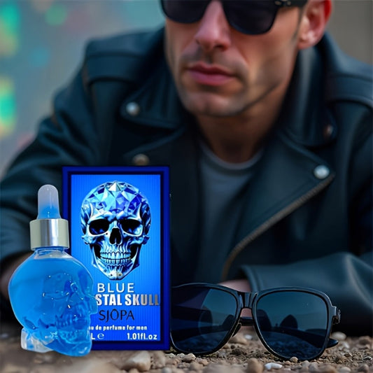 Alcohol-Free Perfume Oil for Men Blue Crystal Skull Bottle 30ml Woody Cologne Long Lasting Portable Travel Fragrance Unique Gift for Him