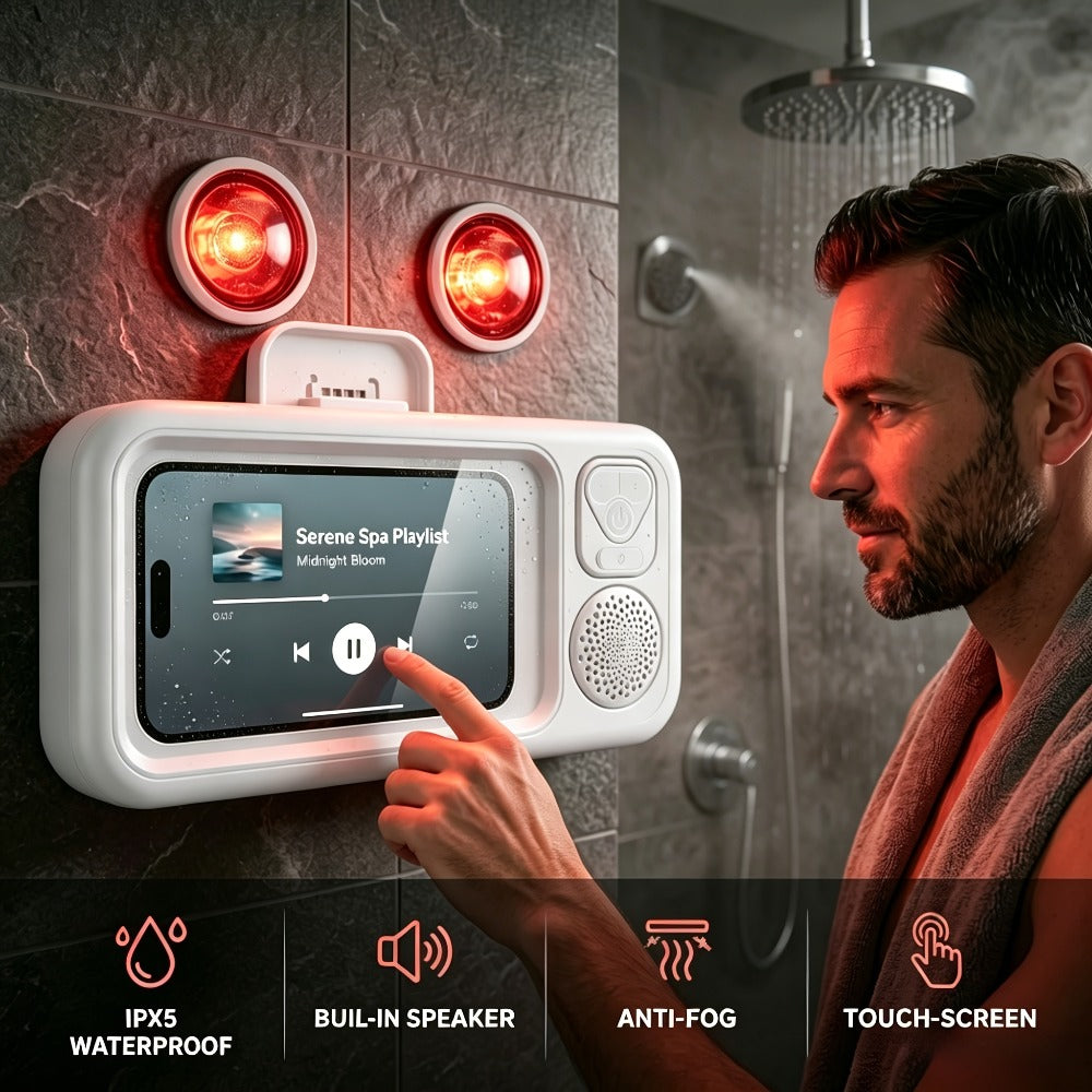 Shower Phone Holder with Bluetooth Speaker Built-In, 360-Degree Rotation Mount, Universal Fit for All Phones