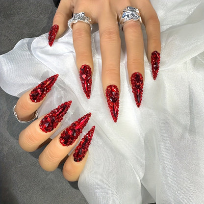 Press On Nails 10-Piece Long Water-Drop Set with Red Glass Glitter and Removable Self-Adhesive Gel Tabs