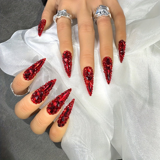 Press On Nails 10-Piece Long Water-Drop Set with Red Glass Glitter and Removable Self-Adhesive Gel Tabs