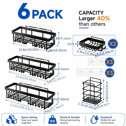 Shower Caddy Organizer Set 6 Piece No Drilling - Adhesive Wall Mounted Bathroom Storage Rack 13 Inch Toilet Paper Holder Soap Dish Toothbrush Holder Shower Shelf | Black | Kitchen Bathroom Organization