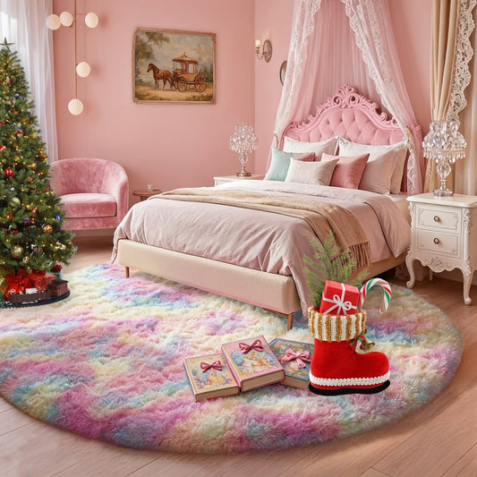 Round Area Rug Soft Shaggy Plush Circle Rug Non-Slip Indoor Floor Mat for Living Room Bedroom Dorm Tie Dye Rainbow Multi-Color Multi-Size