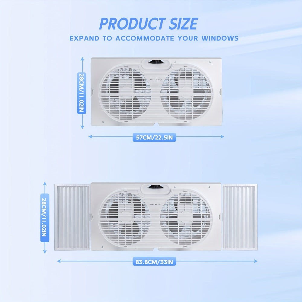 Window Fan 9 Inch Twin Expandable Dual Fan, 3-Speed with Remote Control or Manual Control for Home Cooking, Dining and Outdoor Meals
