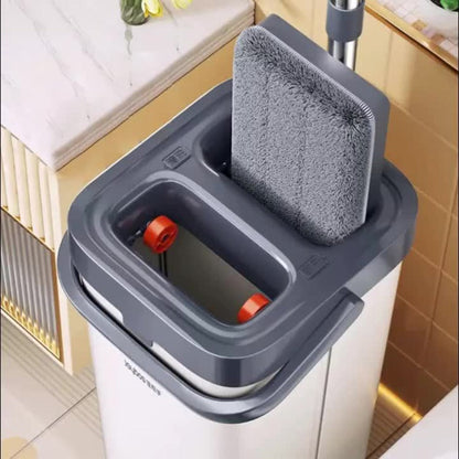 Flat Floor Mop and Double-Compartment Bucket Set with 40 cm Head, Stainless Steel Rod and Two Pads