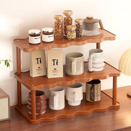 Cup Display Rack Kitchen Organizer 2 or 3 Tier Wave-Style Ladder Shelf in Six Brown Variant Options